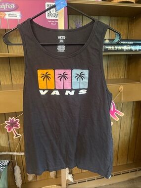 Vans Black Tank Top with Orange Pink Blue Palm Graphic